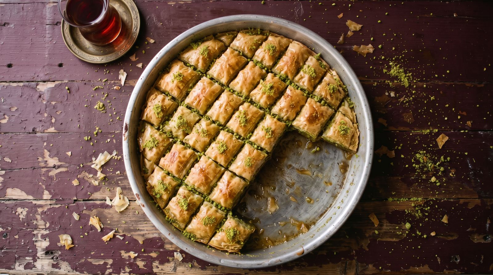 Rundes Blech mit Pistazien-Baklava, daneben ein Glas Tee