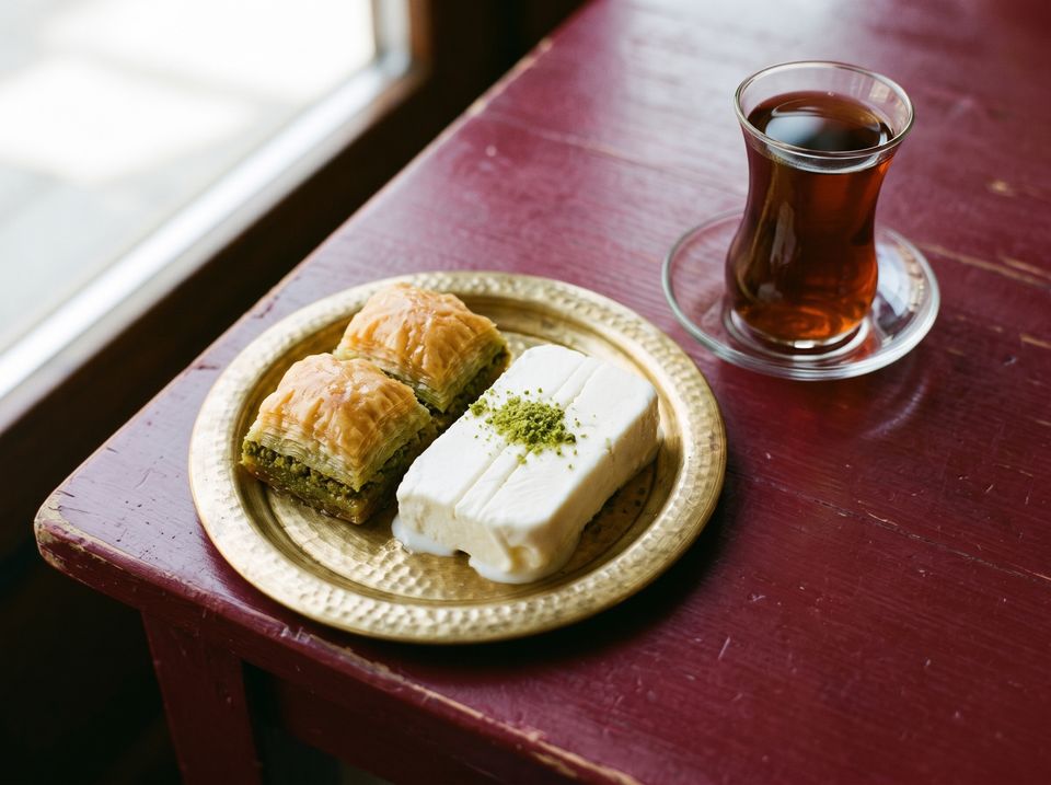 Teller mit drei Stück Pistazien-Baklava und zwei Scheiben weißem Maraş-Eis mit Pistazie, daneben Besteck und Tee