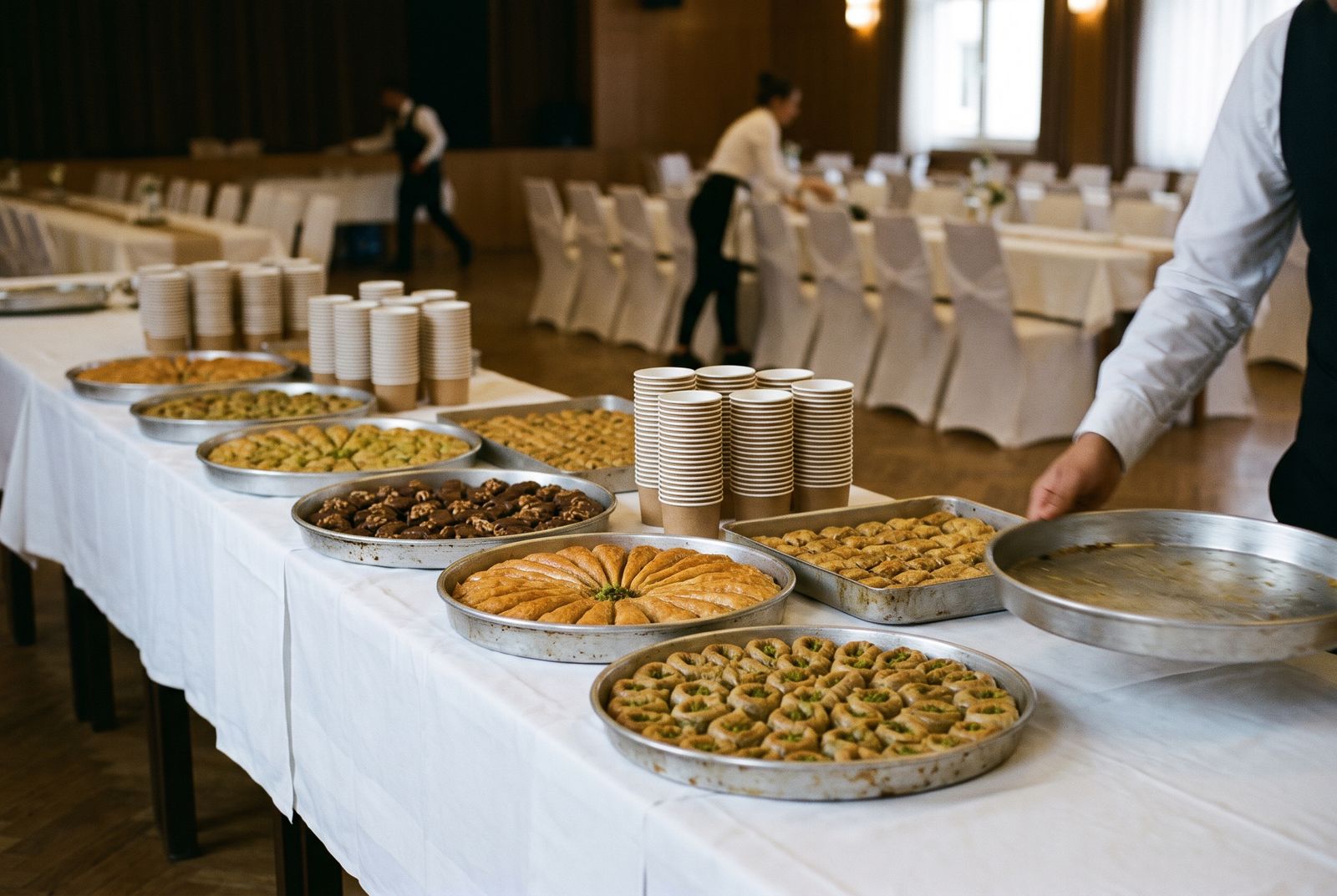 Buffet in einem Hochzeitssaal mit mehreren Blechen Baklava